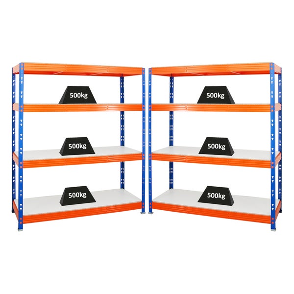 PROREGAL Mega Deal 2x Profi Schwerlastregal Rhino HxBxT 180 x 160 x 60 cm 4 Melamin-Ebenen 16mm Fachlast 500 kg Blau-Orange