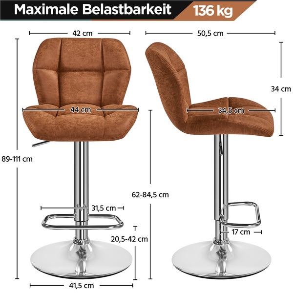 Abmessungen Barhocker mit maximaler Belastbarkeit 136 kg