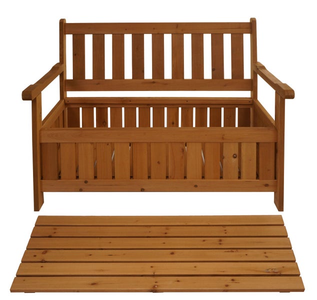 Gartenbank aus Holz mit Stauraum, Zweisitzer, abnehmbare Sitzfläche liegt separat vor der Bank.