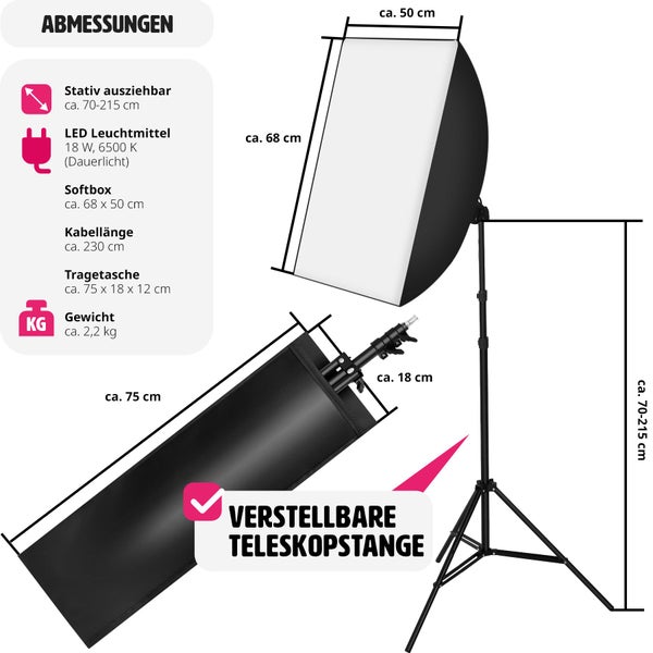 Abmessungen Softbox Set mit Stativ von circa 70 bis 215 Zentimeter, Softbox circa 68 mal 50 Zentimeter, LED Leuchtmittel und Tragetasche.