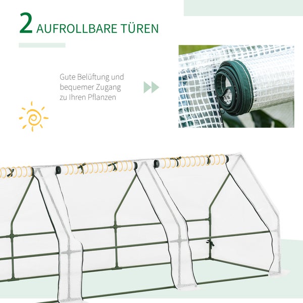 Outsunny Mini Gewächshaus, Wetterbeständige Foliengewächshaus mit 3 Rollfenster, 270 x 90 x 90 cm, PE Folie, Stahl, Weiß