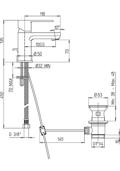 Technische Zeichnung eines Waschbeckenmischers mit Abmessungen