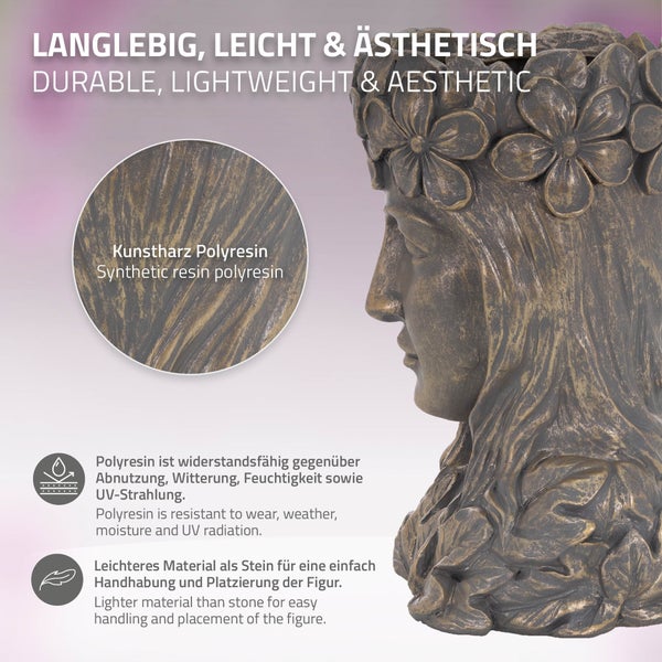 ML-Design Pflanztopf Frauenkopf Figur 21x16x32 cm Bronze Kunstharz, Innen/Außen, Groß Büste Skulptur, Weiblich Mädchen Statue Dame Gesicht Pflanzgefäß Blumentopf Übertopf Pflanzer Gartendeko Vase Urne