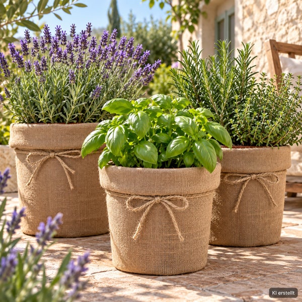 Drei Kräutertöpfe mit Lavendel Basilikum und Rosmarin in dekorativen Sackleinenhüllen mit Bindebändern auf einer Terrasse im Freien.