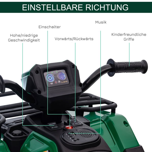 HOMCOM Elektro Kinderquad, mit LED und Musik, für Kinder ab 3 Jahren, 88 x 45 x 50 cm, Kunststoff, Stahl, Schwarz+Grün