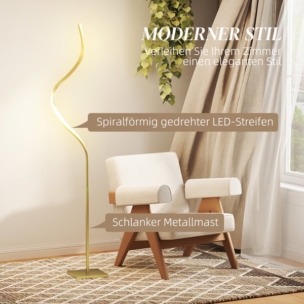 Stehleuchte mit spiralförmigem LED-Streifen und schlankem Metallmast neben Sessel
