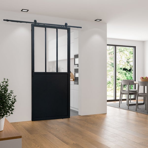 Loft Glasschiebetür 900x2150mm Komplettset aus Stahl in schwarz mit Glaseinsatz inkl. 2Seitiger Softclose