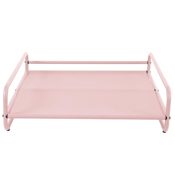 Erhöhtes Hundebett mit rosa Metallrahmen und rosa Netzgewebe