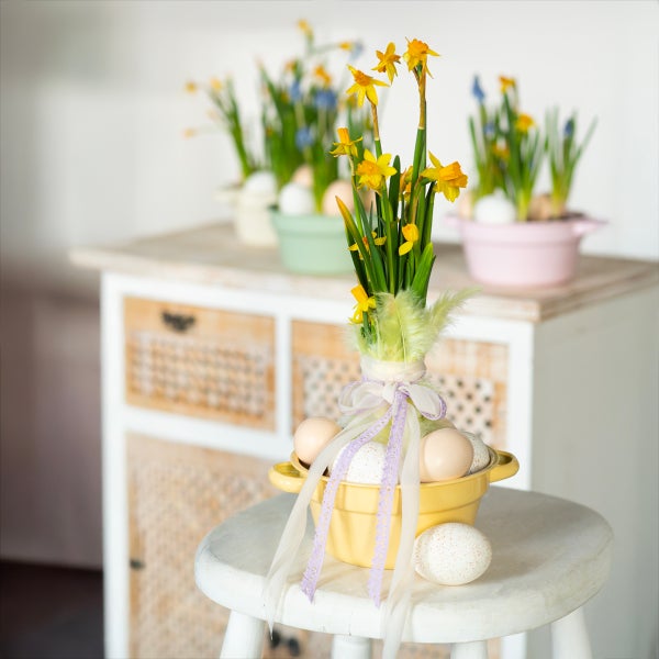 Dekorative Osterdekoration mit Narzissen, Federn, Eiern und Schleifen auf einem Tisch