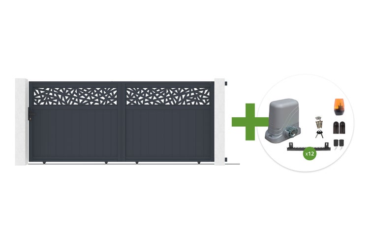 Schiebetor aus Aluminium in Anthrazit mit dekorativem Gittermuster oben, inklusive elektrischem Torantrieb-Set mit Motor und Zubehör.