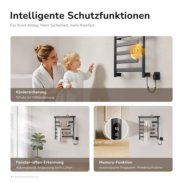 Infografik zu intelligenten Sicherheitsfunktionen eines elektrischen Handtuchheizkörpers inklusive Kindersicherung sowie Fenster-offen-Erkennung.