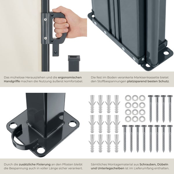 Seitenmarkise mit ergonomischem Griff, Bodenbefestigung, Pfostenhalterung und Montagematerial aus Schrauben, Dübeln und Unterlegscheiben.