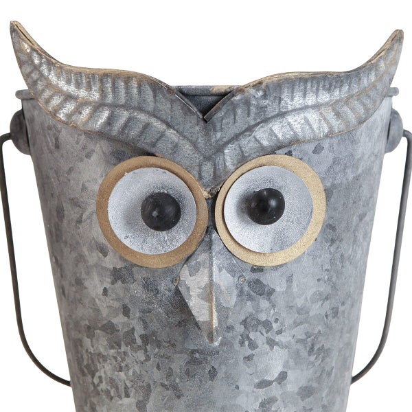 Pflanzgefäß aus Metall in Eulenoptik mit Tragehenkel