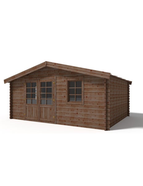 Gartenhaus aus Holz mit Satteldach, einer Doppeltür mit Lichtausschnitten und einem Fenster.