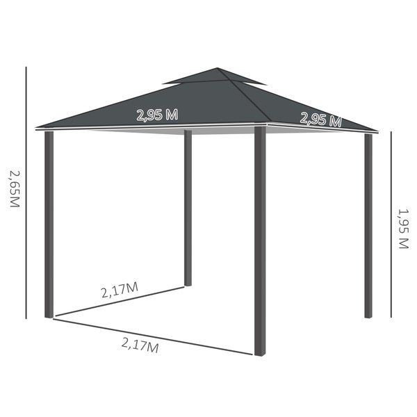 Outsunny Pavillon, Gartenpavillon, 295L x 295B x 265H cm, Metall,Polyester, Dunkelgrau