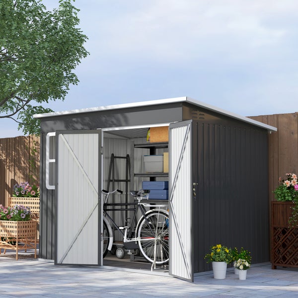 Outsunny Gerätehaus 4,13 m³, Gartenhaus, 260 x 177 x 190 cm, Geräteschuppen mit Fenster, Abschließbar Tür, Fahrradgarage, Gartenschrank aus Stahl, für Hinterhof, Garten, Dunkelgrau