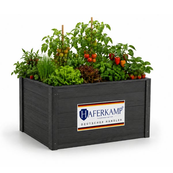 Hochbeet aus Holz, bepflanzt mit verschiedenen Gemüsepflanzen und Kräutern, mit Haferkamp Logo.