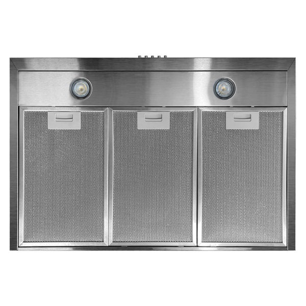 Dunstabzugshaube aus Edelstahl mit drei Metallfettfiltern und zwei integrierten LED-Leuchten, Frontansicht.