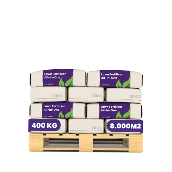 Palette mit 400 Kilogramm Rasendünger für 8000 Quadratmeter, bestehend aus mehreren 20 Kilogramm Säcken All-In-One Dünger.