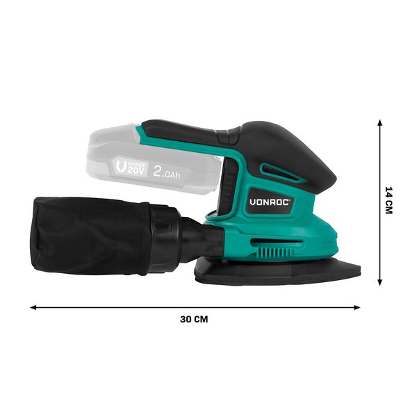 Dreieckschleifer mit Akku und Staubbeutel, Abmessungen 30 cm mal 14 cm