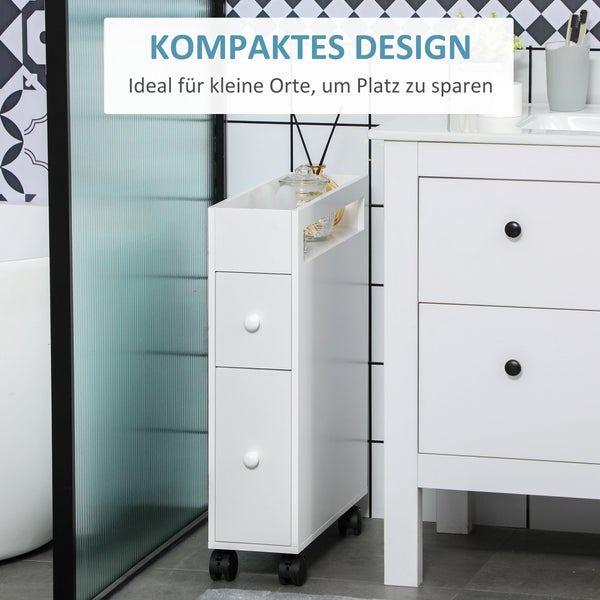 kleankin Badezimmerschrank mit Rollen, Nischenschrank mit 2 Schubladen, Badschrank mit offenem Fach, Badrollwagen, für Bad, 16 x 49,5 x 66 cm, Weiß