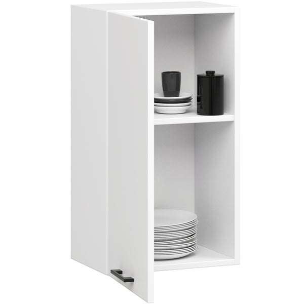 Weißer Hängeschrank mit offener Tür und Geschirr