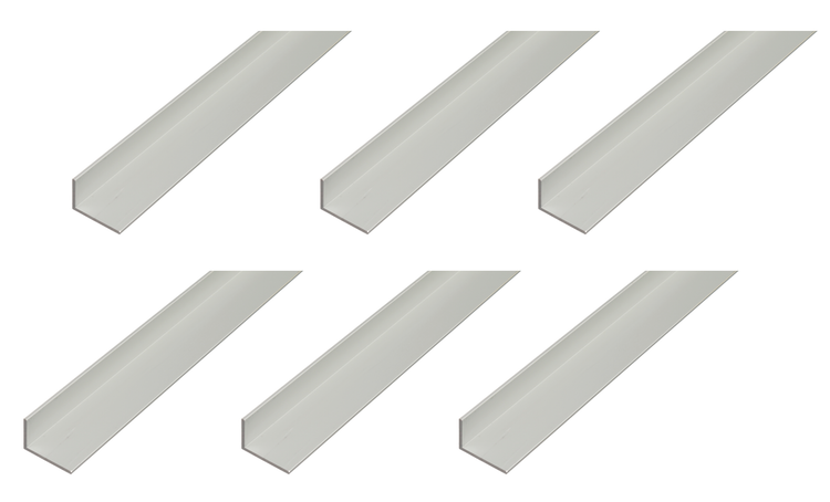 Sechs gleich lange Aluminium Winkelprofile für den Bau und Heimwerkerbedarf.
