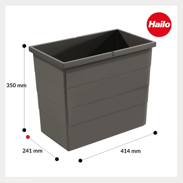 Dunkelgrauer Hailo Abfalleimer mit Maßen: 350 Millimeter Höhe, 414 Millimeter Breite, 241 Millimeter Tiefe. Hailo Logo.