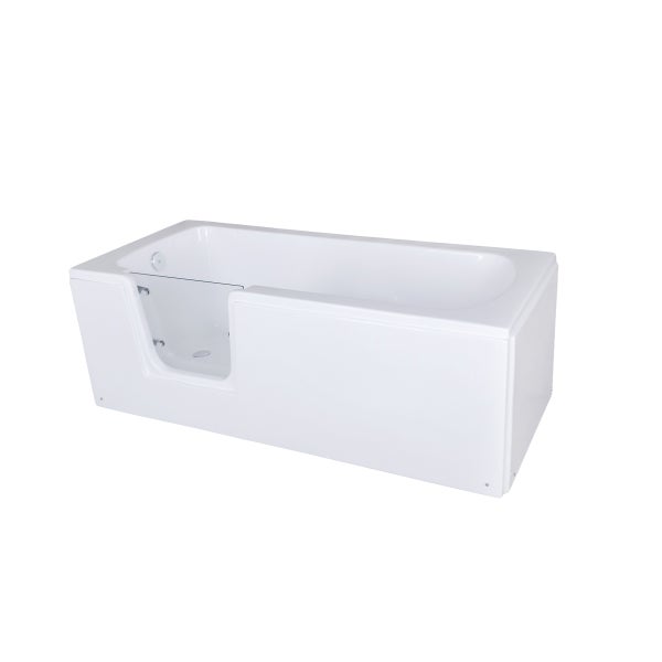 Weiße rechteckige Badewanne mit integrierter Tür und Glaseinsatz für einen barrierefreien Einstieg.