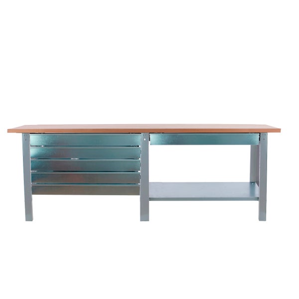 Werkbank BUFFALO WOOD mit 6x Schublade| HxBxT 86,5x210x75cm | Traglast 1000kg | Grau