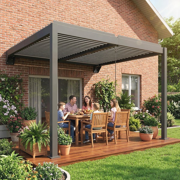 Modernes Gewächshaus mit dunklem Rahmen und Polycarbonatplatten im Regen sowie Detailansicht der integrierten Regenrinnen zur Entwässerung.