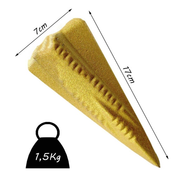 Spaltkeil aus Metall mit einer Länge von 17 Zentimetern, einer Breite von 7 Zentimetern und einem Gewicht von 1,5 Kilogramm.