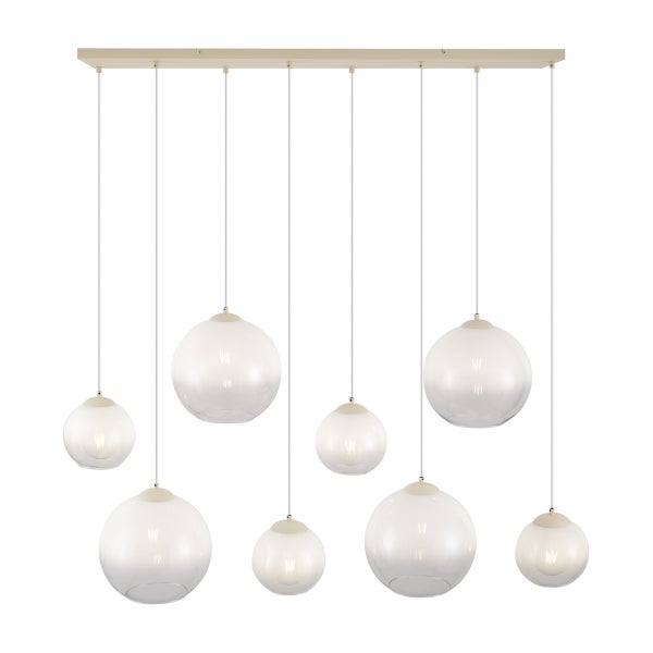 Pendelleuchte mit mehreren runden Glasschirmen an einer rechteckigen Aufhängung