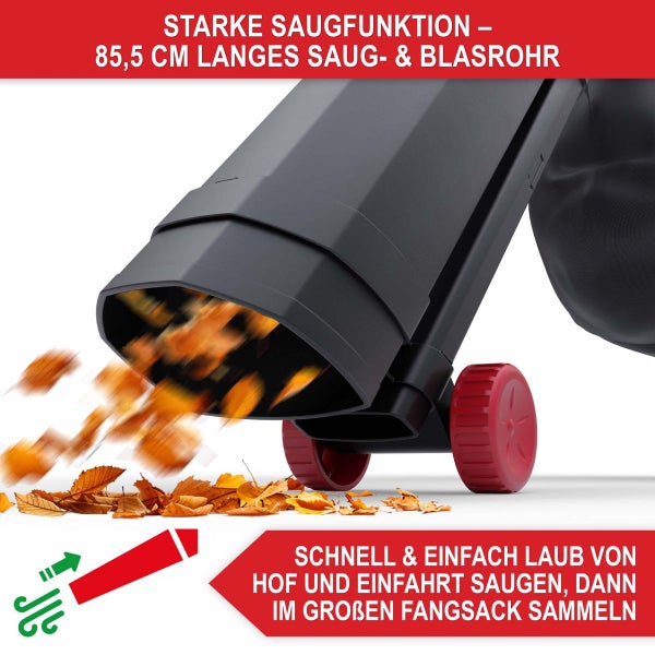 Detailansicht eines Laubsaugers beim Aufsaugen von Herbstlaub mit einem 85,5 Zentimeter langen Saugrohr und Führungsrollen.