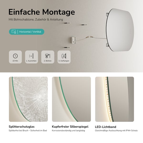 Badspiegel mit einfacher Montage horizontal oder vertikal, Splitterschutzglas, kupferfreiem Silberspiegel und LED-Lichtband mit Schutzart IP44.