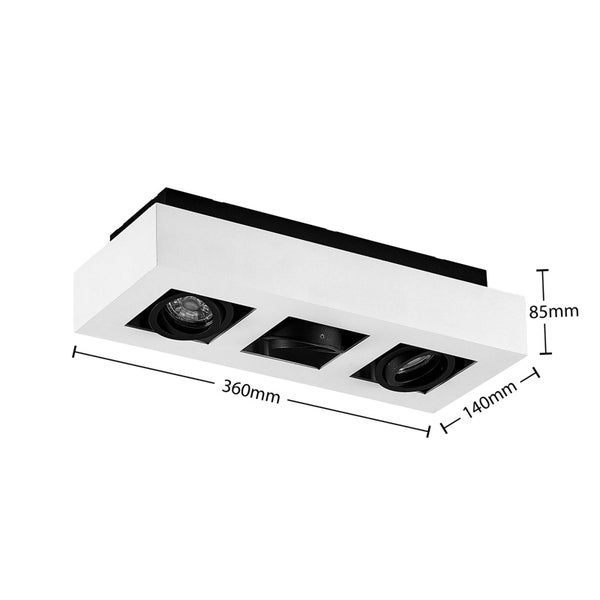 Deckenleuchte mit drei Strahlern und den Maßen 360 Millimeter mal 140 Millimeter mal 85 Millimeter.