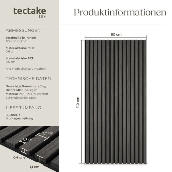 Infografik für tectake DIY Akustikpaneele mit Maßen 110 mal 50 mal 1,1 Zentimeter, Angaben zu MDF und PET sowie Details zu Lamellenabständen.
