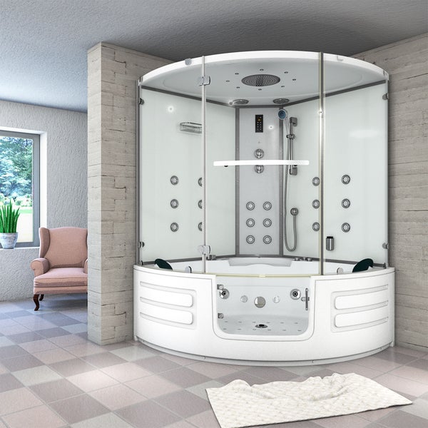 Großzügige halbrunde Duschkabine mit integrierter Whirlpool-Badewanne, Regendusche, Handbrause und Massagedüsen in einem hellen Badezimmer.