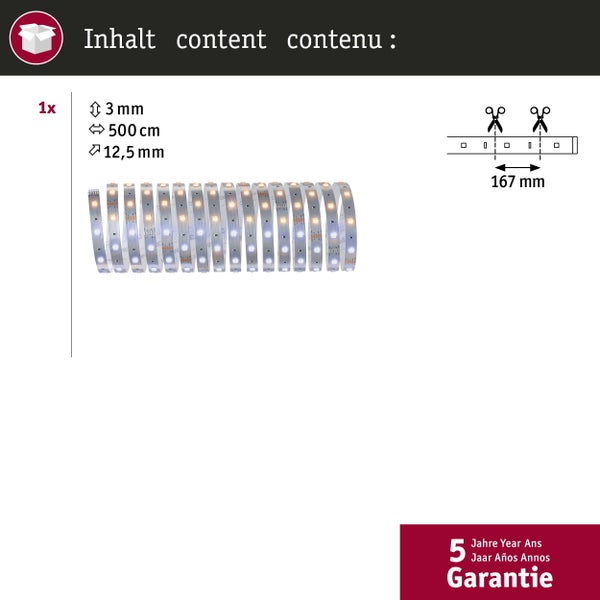 Packungsinhalt ein LED-Streifen, 500 Zentimeter lang, 12,5 Millimeter breit, 3 Millimeter hoch, kürzbar alle 167 Millimeter, fünf Jahre Garantie.
