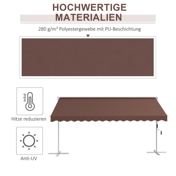 Outsunny Standmarkise, mit Handkurbel, Ausziehbare Terrassenüberdachung, Verstellbar Sonnenschutz für Garten, Balkon, 4,5 x 3,4 m, Polyester, Kaffee