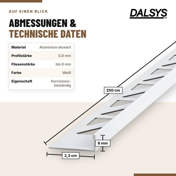 Dalsys Fliesenprofil aus eloxiertem Aluminium mit Maßangaben 250 cm Länge und 8 mm Höhe für Fliesen bis 8 mm Stärke.