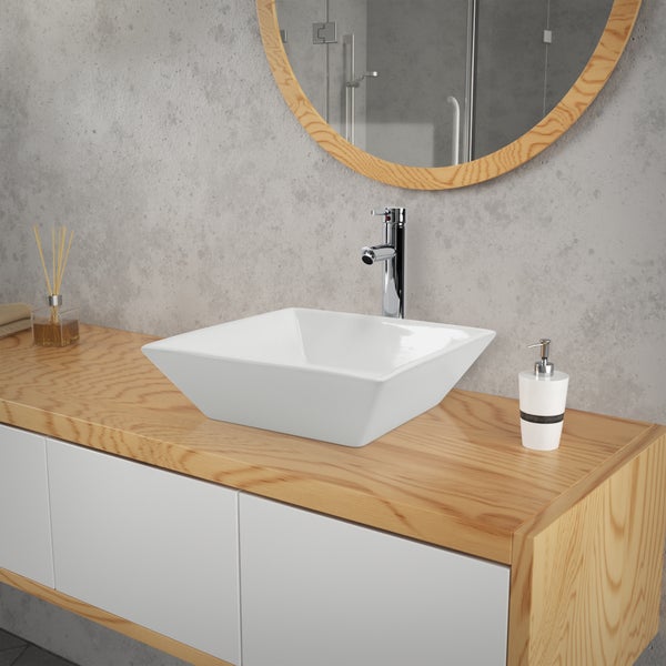 ML-Design Waschbecken aus Keramik in Weiß 41x41x12 cm Eckig inkl. Ablaufgarnitur, Moderne Aufsatzwaschbecken, Design Waschtisch Aufsatz-Waschschale Waschplatz Handwaschbecken, für Badezimmer/Gäste-WC
