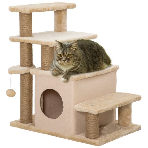 PawHut Haustiertreppe, 3/4-stufige höhenverstellbare Katzentreppe mit Schlafhöhle 2 in 1 praktische Hunderampe für kleine Hunde und Katzen Einstieghilfe für hohe Betten Sofa Beige 60 x 40 x 66 cm
