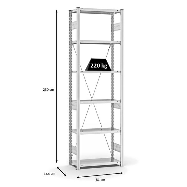 PROREGAL Fachbodenregal Stecksystem T-Profil Medium-Duty Grundregal HxBxT 250 x 75 x 30 cm 6 Ebenen Fachlast 220 kg Einseitig Nutzbar Lichtgrau