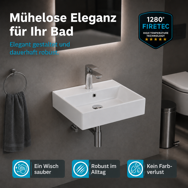 Modernes Badezimmer mit rechteckigem Waschbecken, verchromter Armatur und hinterleuchtetem Spiegel. Firetec-Technologie für hohe Temperaturen.