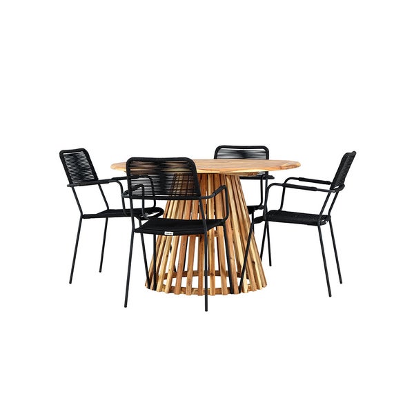 Lumpur Gartenset Tisch Ø120cm natur, 4 Stühle schwarz. 120 X 120 X 75 cm