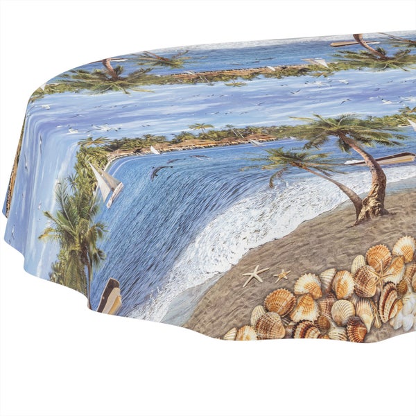 Abwaschbare Tischdecke mit Strandmotiv, Muscheln, Seesternen, Palmen und Meer für den Außenbereich.