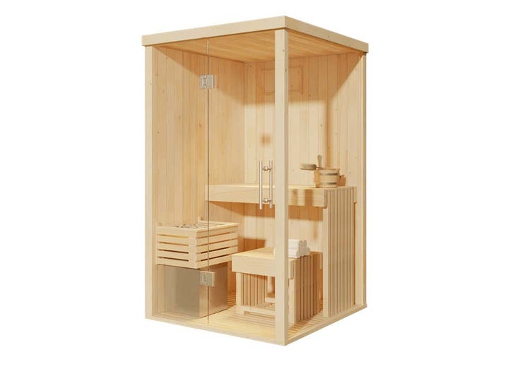 Kleine Heimsauna aus hellem Holz mit Glastür, inklusive Sitzbank, Ofen mit Saunasteinen, Holzeimer und Kelle.