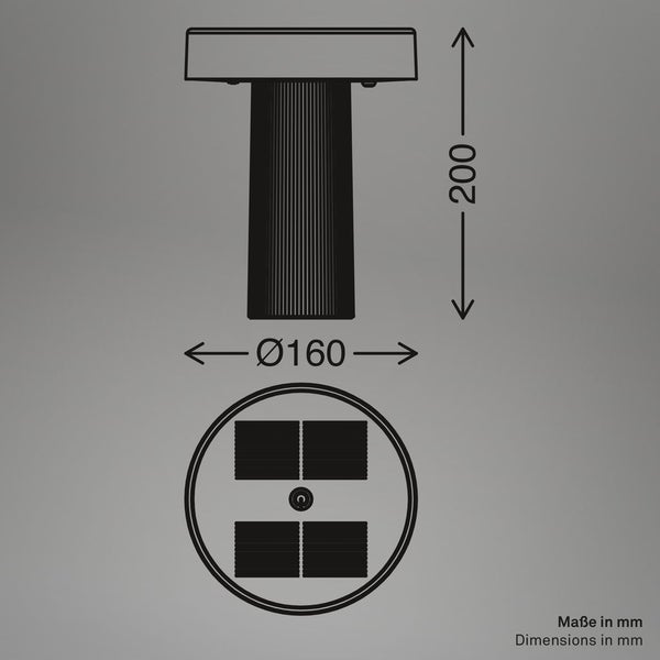 Maßzeichnung einer runden Leuchte mit einer Höhe von 200 Millimetern, einem Durchmesser von 160 Millimetern und integrierten Solarzellen.