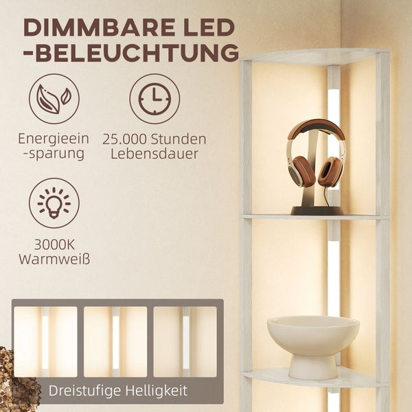 Dimmbare LED-Beleuchtung für Eckregale mit warmweißem Licht, drei Helligkeitsstufen, Energieeinsparung und 25000 Stunden Lebensdauer.